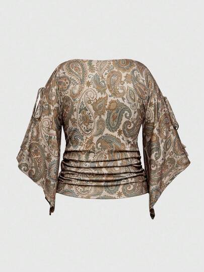 Hippie Camiseta holgada de manga de murciélago con cordón en la cintura y estampado de paisley hippie con decoración de cuentas de madera para tallas grandes