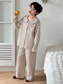 DAZY Boys Striped Print Loungewear Set, Kids Fall Clothes - Khaki - View 3