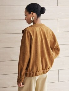 SHEIN LUNE 女士优雅立领抽绳下摆外套 棕色 - 棕色 - 查看 2