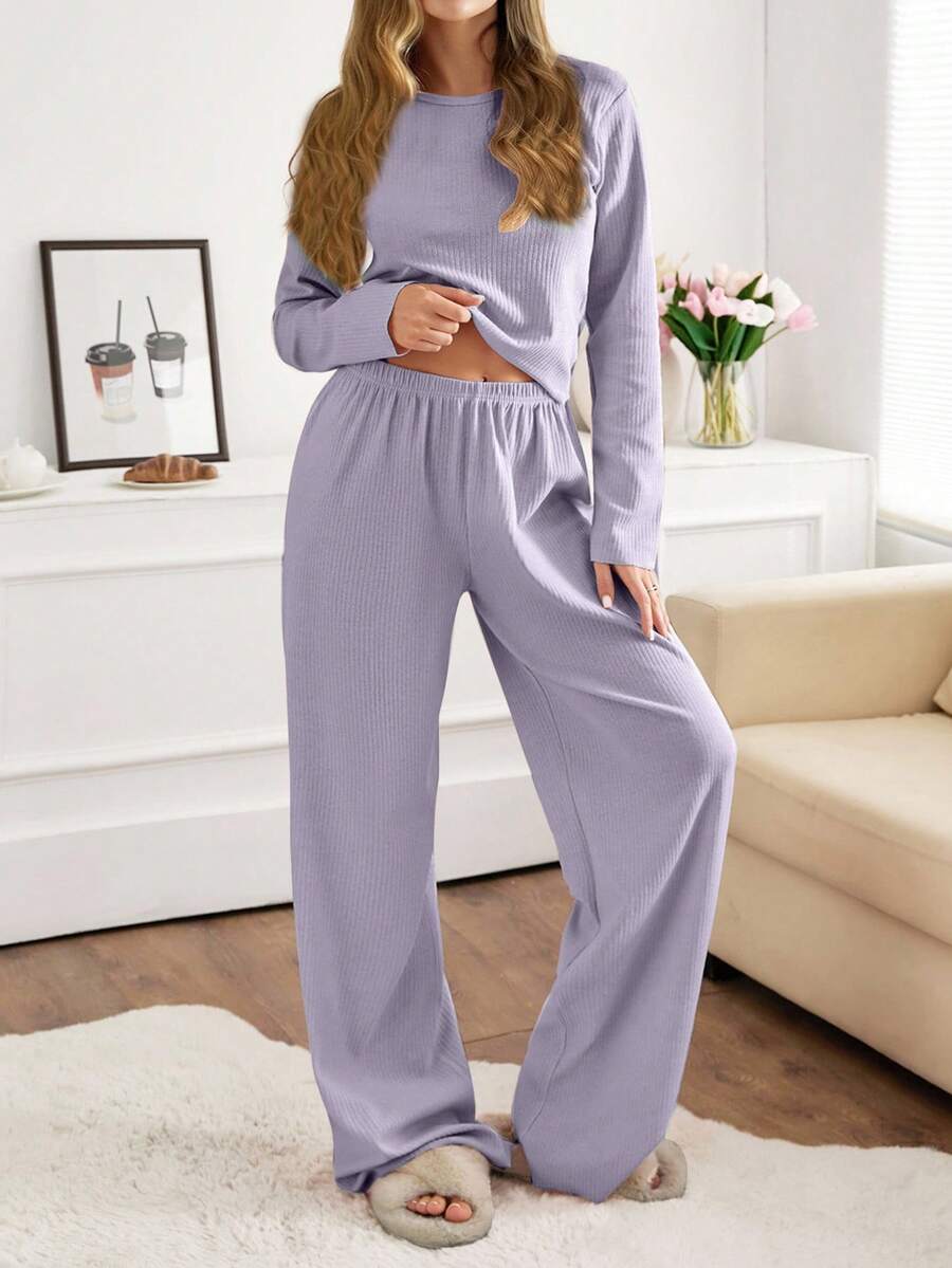 Donna 2 pezzi Set di abbigliamento da casa con top a maniche lunghe e collo rotondo e pantaloni in maglia a costine, comodo e rilassante