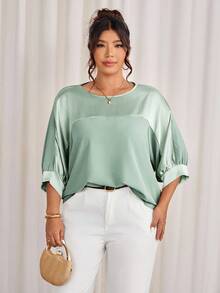 Cravure Plus Size Round Neck 3/4 Sleeve Metallic Fabric Patchwork Contrast Color Woven Fabric Cuff Raglan Sleeve Casual Outgoing Holiday Commute Party Pullover Shirt - Mint Green - View 3
