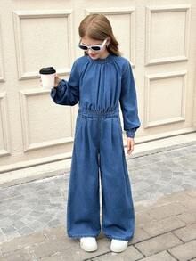 SHEIN Tween Girls Fashionable Soft Crew Neck Long Sleeves Blue Denim Jumpsuit Overalls,Loose Baggy Casual Jeans For Summer School Back-To-School Outfits - Dark Wash - View 2