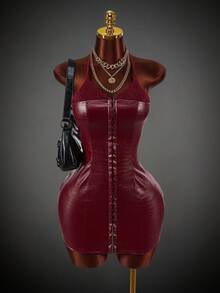 Y2K Amplova Women's Sexy Lace Patchwork Backless Halter Mini Dress, Summer Red - Burgundy - View 5