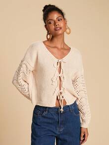 Travachic Cárdigan de mujer de unicolor con hombros caídos y manga larga, con nudo de cordón, para otoño, blusa con cordones, cárdigan de punto, cárdigan de otoño e invierno, para fiesta de Navidad, Año Nuevo, invitada de boda, graduación elegante, baile de gala de lujo, cárdigan casual - Albaricoque - Ver 4