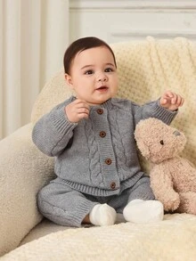 Cozy Pixies Newborn Baby Boy/Girl 2pcs Set: Solid Gray Knit Soft Crew Neck Long Sleeve Cardigan Sweater Top And Elastic Waist Pants Fall Winter Knitted Baby Boy Outfit Baby Boy Cardigan Infant Sweater Romper Boy Newborn Baby Layette Set Baby Sweater Cardigan