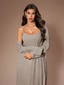 Lazeform 女士休闲针织长袖系带睡袍和无袖睡裙两件套，秋冬长款睡衣套装，女士两件套家居服，罗纹家居服，舒适套装 - 摩卡棕 - 查看 6