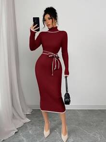 Selianne Women's Elegant Turtleneck Fitted Ribbed Texture Bowknot Sweater Dress - Burgundy - View 3
