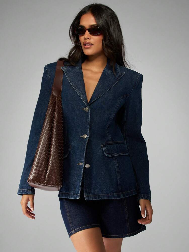 MISSGUIDED Cotton Denim Blazer Jacket Double Button Tailored Fitted Classic Vintage Retro High Fashion Office Business Professional Fall Winter Collection