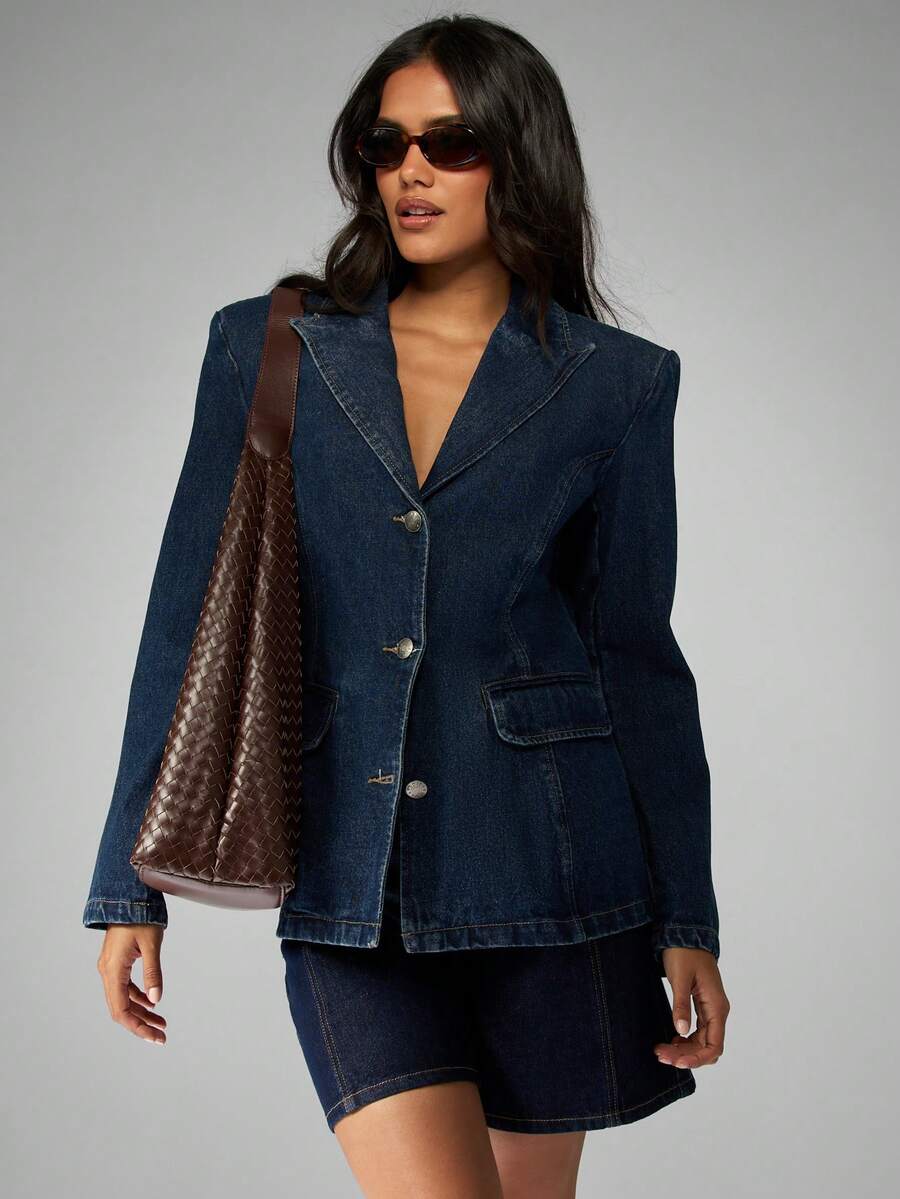 MISSGUIDED Cotton Denim Blazer Jacket Double Button Tailored Fitted Classic Vintage Retro High Fashion Office Business Professional Fall Winter Collection - Dark Wash - View 1