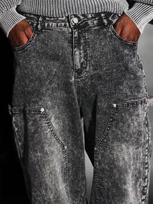 Quần jeans thợ mộc dáng rộng SUMWON bằng cotton, kiểu dáng vintage rách rưới, ống rộng, chất liệu denim tiện dụng với nhiều túi, thích hợp cho thời trang đường phố. - màu đen - Xem 7