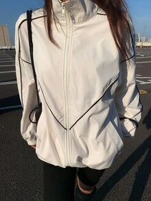 DAZY Sporty Autumn High Collar Black & White Contrast Zip-Up Jacket