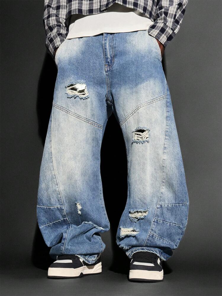 Wide Leg Distressed Denim Jeans With Ripped Details
