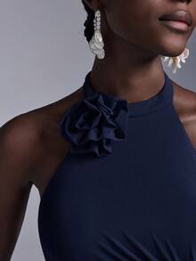 Elitara Elegant Halter Neck 3D Floral Bust Ruched Mesh Sheer Fishtail Bridesmaid Dress - Navy Blue - View 7