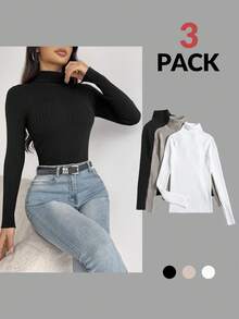 SHEIN PETITE 3pcs Turtle Neck Ribbed Knit Sweater,Long Sleeve Tops In Fall/Winter - Multicolor - View 3