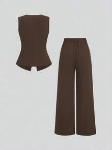 Sweetra 女士夏季服装 - 金色纽扣无袖上衣和飘逸阔腿裤，百搭 - 咖啡棕 - 查看 2