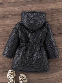 SHEIN Áo khoác dài có mũ trùm đầu đệm họa tiết hình thoi dành cho bé gái kèm thắt lưng, mùa đông - màu đen - Xem 2
