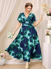 SHEIN Clasi 大码女式随机印花短袖扎染连衣裙长款女装 - 彩色 - 查看 1