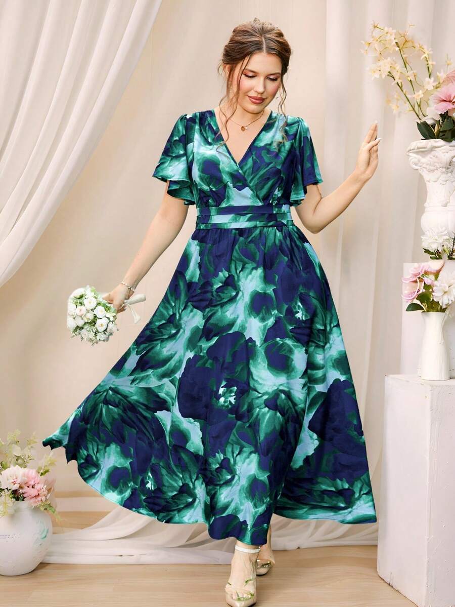 SHEIN Clasi 大码女式随机印花短袖扎染连衣裙长款女装 - 彩色 - 查看 1