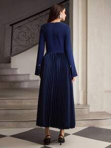 ZEYLAH Asymmetric Collar Metal Buckle Decor Pleated Long Sleeve Maxi Elegant Dress - Navy Blue - View 3
