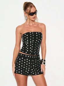 KIZN Metallic Polka Dot High Waisted Festival Shorts With Stud Embellishments Summer Party Club Casual Bottoms