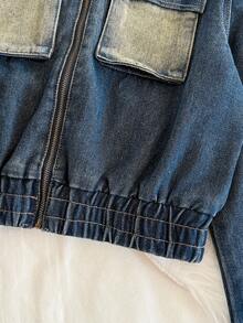 Attitoon 女式休闲水洗连帽夹克和牛仔裙套装秋季女装万圣节服装女式万圣节服装拉链女式蓝色牛仔连帽拉链夹克，带口袋和松紧袖口，休闲风格 - 深色水洗藍 - 查看 6