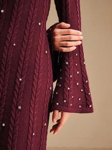 Anewsta Robe moulante élégante en maille perlée avec manches évasées, tenue de Noël élégante et élégante pour femme, robe de soirée - Rouge - Voir 1