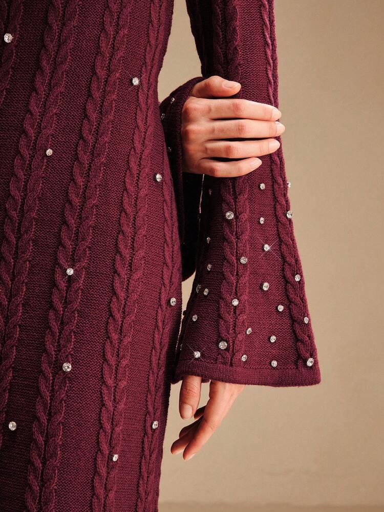 Elegant Beaded Knit Bodycon Dress With Flare Sleeves, Fashionable & Graceful Women's Christmas Clothing, Party Dress