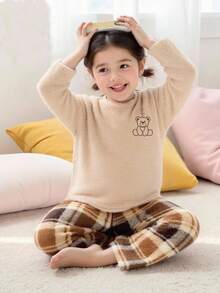 SHEIN 2件套少女针织纯色圆领刺绣毛衣和裤子家居服套装