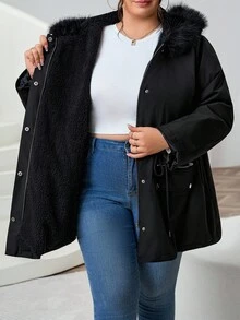 SHEIN CURVE+ Plus Size Winter Clothes Casual Drawstring Waist Hooded Padded Padded Coat With Fur Collar - Black - View 10