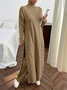 EURMUSE Women Solid Color Rib Knit Turtleneck Slit Detailed Long Sweater Dress & Sweater Pants Set - Camel - View 5
