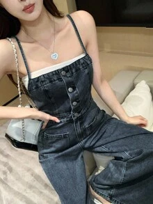 DAZY Women's Solid Color Spaghetti Strap Single-Breasted Casual Denim Bib Pants For Summer