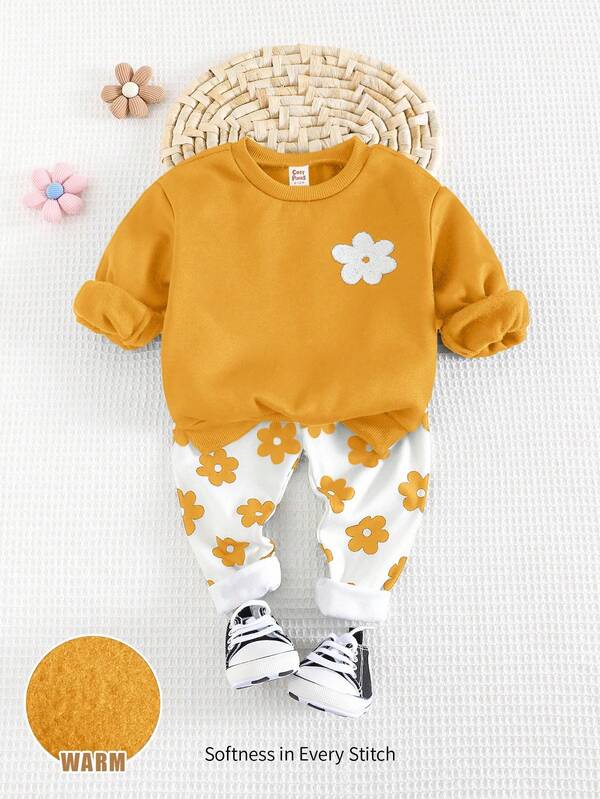 Cozy Pixies 2 Stücke Baby Mädchen Blumen Muster Strick Rundhals Langarm Sweatshirt und Hose Set