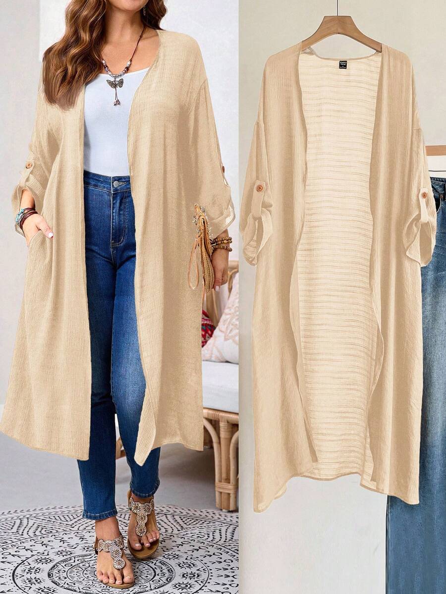 EMERY ROSE 大码纯色口袋休闲百搭长袖夹克 - 杏色 - 查看 1