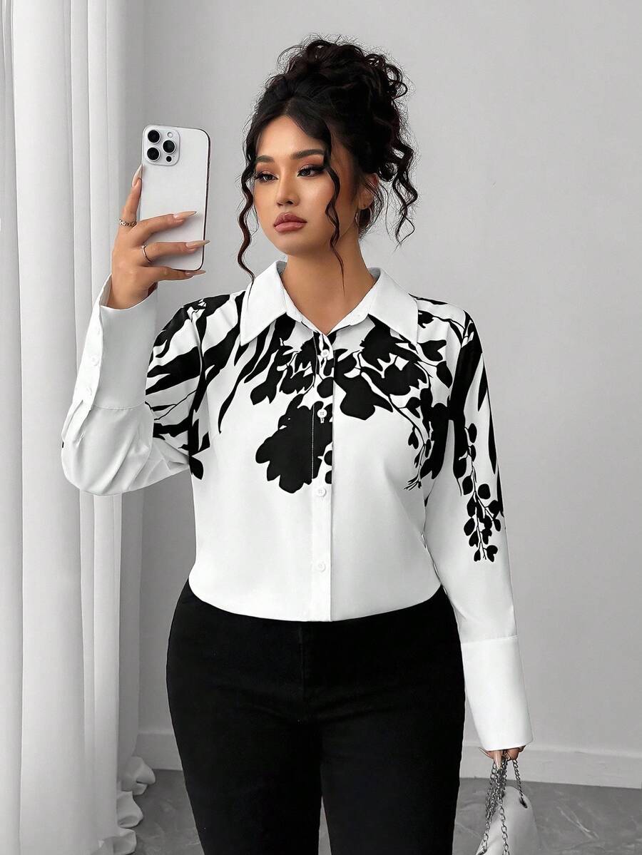 SHEIN Elenzya Blusa feminina plus size, casual, luxuosa, elegante, estampada, estilosa, slim, manga comprida - Preto e Branco - Ver 1