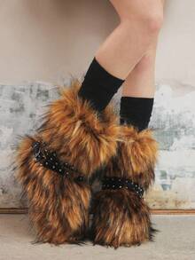 Sugerpunk Women's New Chunky Sole Faux Fur Snow Booties With Rivets, Lace-Up Dark Slim Ankle Boots - Brown - View 4