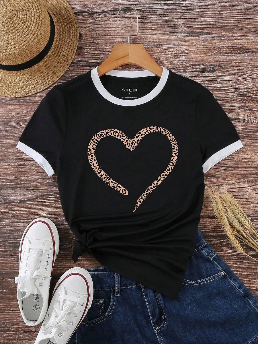 EMERY ROSE Áo thun cổ tròn họa tiết trái tim họa tiết da báo phối màu đơn giản dành cho nữ, mùa hè - màu đen - Xem 1