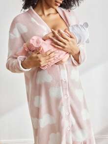 BloomMama Maternity Cloud Print Fleece Nursing Long Sleeve Fluffy Sleepwear Dress, Autumn, Cozy Baby Shower Bridesmaid Maternity Night Dusty Pink Cute Kawaii - Multicolor - View 2