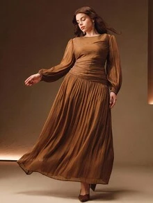 Anewsta Váy dài màu xanh ô liu bóng cỡ lớn dành cho nữ, cổ tròn có nhún eo, tay bồng, thanh lịch và đa năng cho mùa thu, tiệc tùng, giáng sinh, năm mới, đám cưới - Cà phê nâu - Xem 5