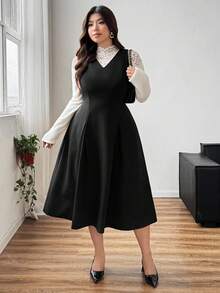 Dazy Plus Abito lungo elegante con scollo a V e senza maniche, aderente, con strati, di colore unito, versatile, adatto per l'autunno/inverno, taglie comode - nero - Visualizzare 4