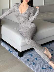 DAZY Women Floral V-Neck Long Sleeve Top And Pants Fitted Pajama Set, Fall Clothes - Grey - View 3