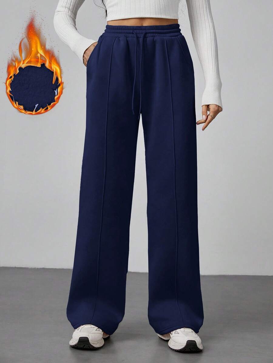 SHEIN Tall Women Fall Khaki Pebble Seam Detail Straight Leg Sweatpants - Navy Blue - View 1