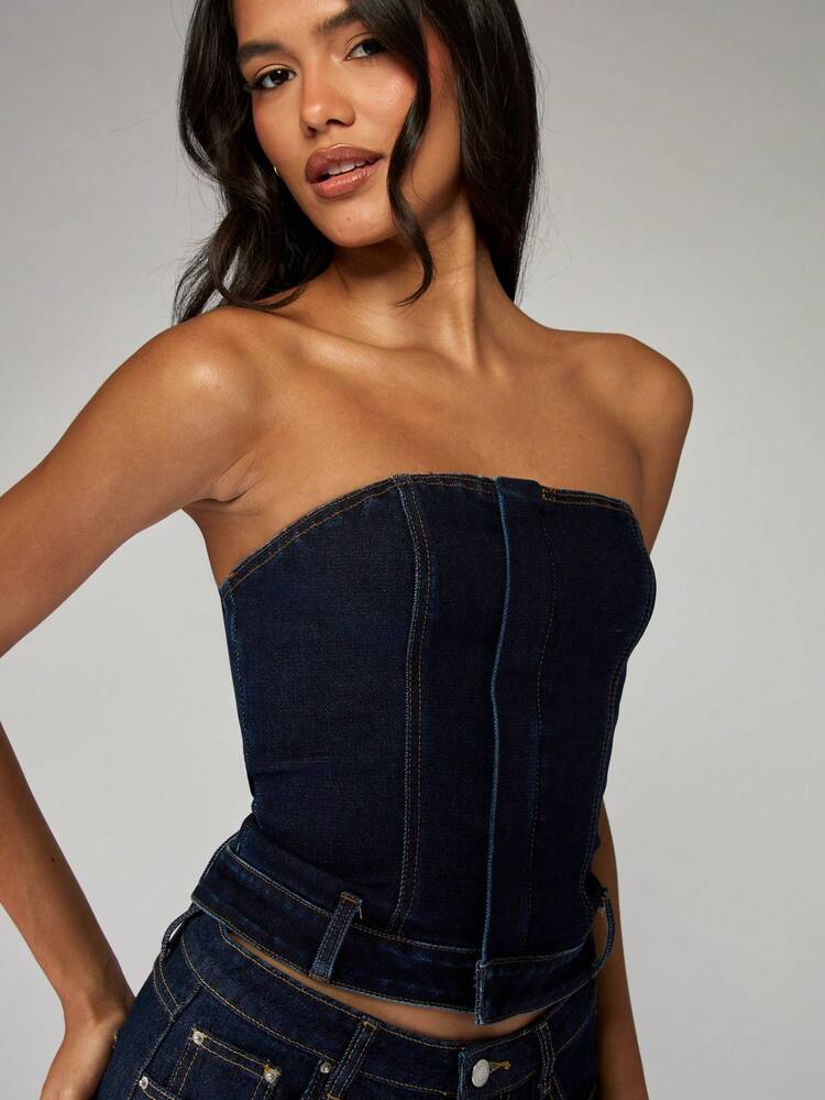 MISSGUIDED Cotton Strapless Denim Bandeau Corset Style Top With Contrast Stitching Perfect For Festival Summer Y2K Fashion Evening Party Club Wear