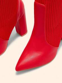 Women's Fashion Fabric Elastic Pointed Toe Chunky Heel Mid-Calf Boots, Suitable For Commuting, Dating, Party, Holiday For Christmas - Red - View 5