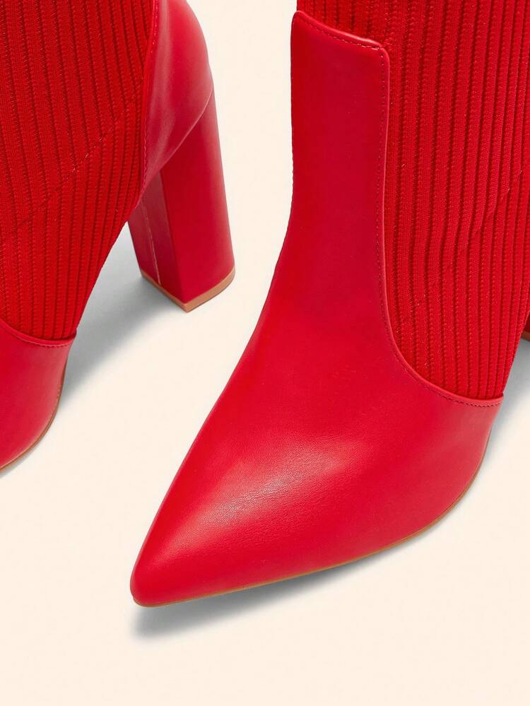 CUCCOO BASICS Women's Fashion Fabric Elastic Pointed Toe Chunky Heel Mid-Calf Boots, Suitable For Commuting, Dating, Party, Holiday For Christmas