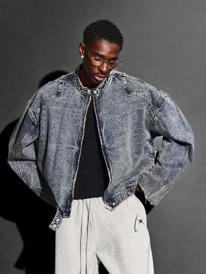 SUMWON Cotton Premium Oversized Cropped Denim Moto Jacket With Mandarin Collar Vintage Washed Distressed Design Fall Winter Street Style