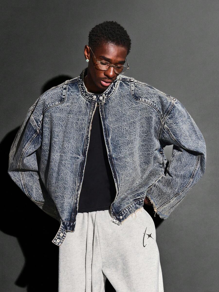 SUMWON Cotton Premium Oversized Cropped Denim Moto Jacket With Mandarin Collar Vintage Washed Distressed Design Fall Winter Street Style - Blue - View 1