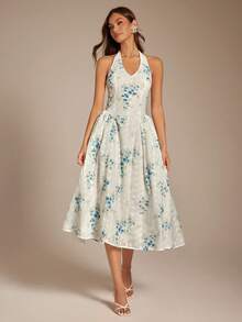 Enchnt Women's Off-White Summer Elegant Tropical Floral Print Embroidery V-Neck Halter Backless Maxi Dress For Tea Party,Vacation,Holiday Wedding Guest - Blue - View 5