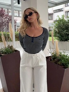 Jeta Ari Tricou negru cu dungi, casual, cu guler rotund, pentru femei, mânecă lungă, topuri pentru femei