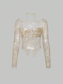 EgrlEra Women's Rhinestone Fishnet Cropped Top, Suitable For Bar, Party, Music Festival