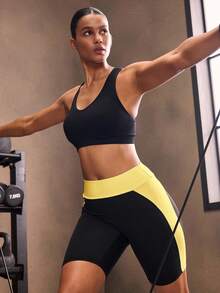 Powerista Quần short thể thao cạp cao liền mạch họa tiết chắp vá màu tương phản - Màu vàng ngỗng - Xem 3